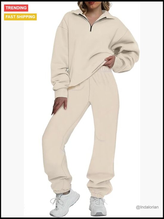 Pants - Women's 2 Piece Lounge Set Half Zip Pullover Baggy Sweatpants with Pockets